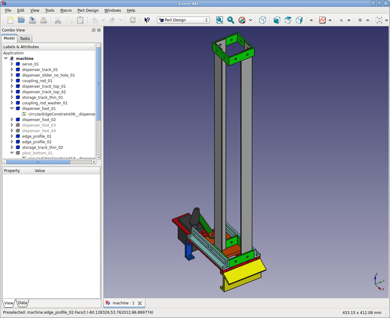 Csokoládé adagoló automata a tervezőprogramban
(FreeCAD)