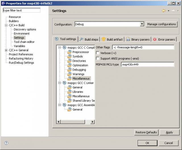 MSP430 fejlesztés Eclipse-el: processzor
típus